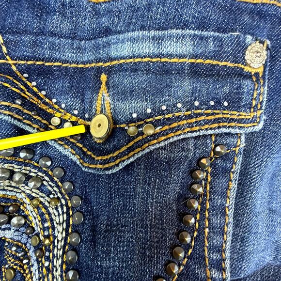 Studio 5 Bootcut Jeans Womens 3 Blue Y2K Flap Pocket Studded Embroidered Stretch - Picture 9 of 11